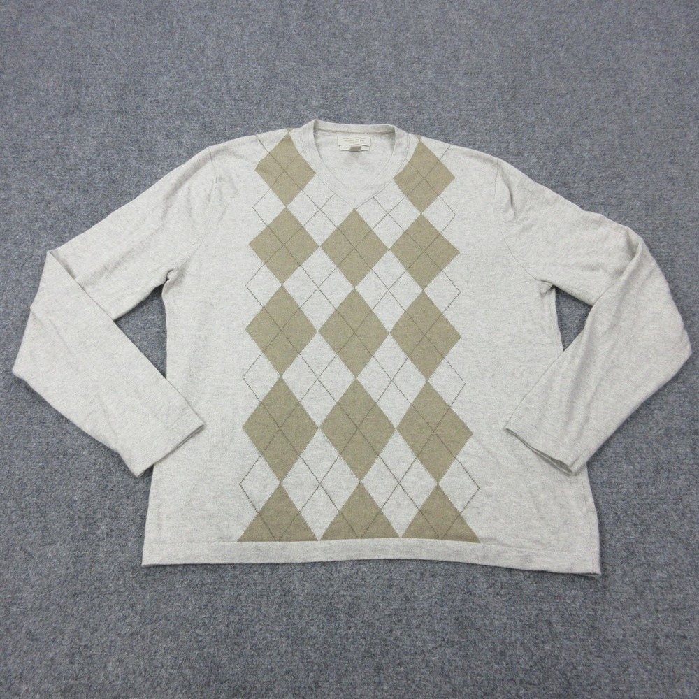 Banana Republic Sweater Mens Large Gray Cotton Cashmere Argyle V Neck Pullover